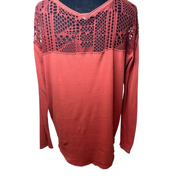 We The Free | Rust Lace Accent Long Sleeve Top | 100% Cotton | Sz L? (Check) - Picture 6 of 10